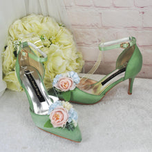 Load image into Gallery viewer, Sage Green Satin Bridal Set: Handmade Clutch, Sandals & Fascinator