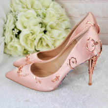 Load image into Gallery viewer, Blush Pink Satin Bridal Shoes with Rose Gold Filigree Vines
