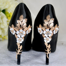 Load image into Gallery viewer, Black Satin Heels: Gold Floral Cherry Blossom Bridal Shoe, Wedding Shoe High Heel