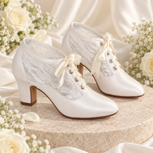 Load image into Gallery viewer, Annalise Satin & Lace Bridal Boots – 7.5 cm Block-Heel Victorian Wedding Shoes