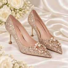 Load image into Gallery viewer, Champagne Gold Glitter Wedding Shoes with Pearl & Crystal Detail