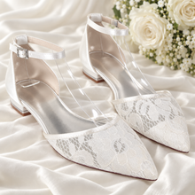 Load image into Gallery viewer, Pointed Crochet Lace Bridal Flats with Clear Sides