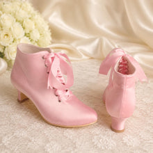 Load image into Gallery viewer, Satin Bridal Booties, Lace Up Luxury Wedding Ankle Boots, Handmade Block Heel Shoes