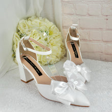 Load image into Gallery viewer, Bridal Block Heel Sandals - White Satin Bow, Handmade Comfortable Wedding Shoes UK5 US7.5