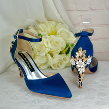 Load image into Gallery viewer, Emerald Green Satin Bridal Sandals: Cherry Blossom Heel, Handmade Wedding Shoes