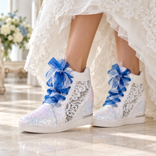 Load image into Gallery viewer, Personalised Glitter Wedge Bridal Trainers