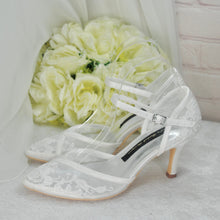 Load image into Gallery viewer, Bridal Kitten Heel Shoes – White Lace Wedding Satin Sandals With Floral Embroidery • Size UK6/US8.5