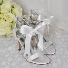 Load image into Gallery viewer, White Wedding Sandals - Handmade Bridal High Heels with Crystal Straps & Ribbon Tie UK4/US6.5