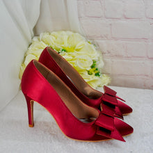 Load image into Gallery viewer, Stunning Burgundy Red Satin Heels Clutch Bag, Matching Bridal Set, Purse Shoes for Wedding Guest Mother of the Bride Groom