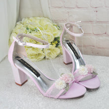 Load image into Gallery viewer, Blush Pink Bridal Sandals – Handmade Satin Shoes with 3D Floral Block Heels Size UK5/IS7.5