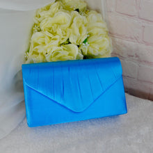 Load image into Gallery viewer, Blue Satin Clutch Bag & Fascinator Set: Wedding Guest Hatinator