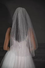 Load image into Gallery viewer, A bride wearing a white wedding dress with a sparkly veil stands in a dark room.