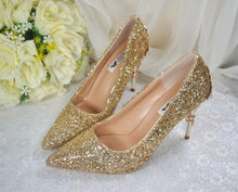 Load image into Gallery viewer, Gold Bridal Shoes - Handmade Satin Pointed Toe Court Shoes with Cherry Blossom Heels UK4/US6.5