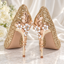 Load image into Gallery viewer, Ellora Gold Cherry Blossom Bridal Shoes – Glitter Wedding Heels