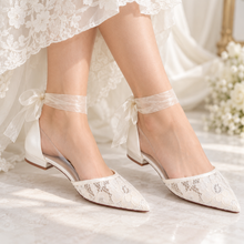 Load image into Gallery viewer, Pointed Crochet Lace Bridal Flats with Clear Sides