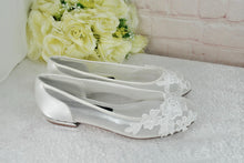 Load image into Gallery viewer, Ivory Satin Bridal Sandals - Flat Wedding Shoes With Floral Embroidery & Lace • UK4/US6.5