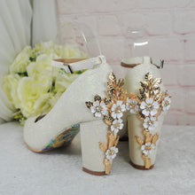 Load image into Gallery viewer, Bridal Block Heel Satin Shoes – Ivory Handmade Wedding Heels 8cm Glitter • UK5/US7.5