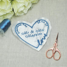 Load image into Gallery viewer, Sew On Wedding Dress Patch Something blue Custom Patch Personalised Wedding Label Bride Something Blue Wedding Heart