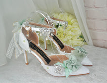 Load image into Gallery viewer, Bridal Floral Heels – Sage Green & White Wedding High Heels with Ankle Strap • UK5 / US7.5