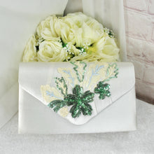 Load image into Gallery viewer, Ivory Satin Bridal Set: Floral Embroidered Heels, Clutch & Fascinator