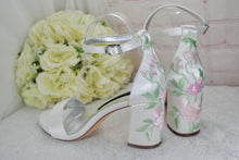 Load image into Gallery viewer, Bridal Block Heel Sandals – Handmade Satin Wedding Shoes With Pastel Floral Embroidery • UK5/US7.5