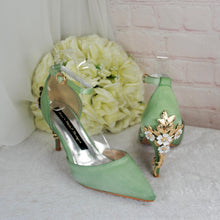 Load image into Gallery viewer, Emerald Green Satin Bridal Sandals: Cherry Blossom Heel, Handmade Wedding Shoes