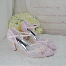 Load image into Gallery viewer, Bridal Kitten Heel Shoes – Embroidered Satin Wedding Sandals With 3D Flower  UK5/US7.5