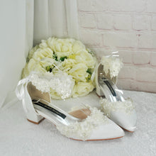 Load image into Gallery viewer, Ivory Satin Bridal Heels: Handmade Lace Pearl Block Heel Shoes (UK3/US5.5)