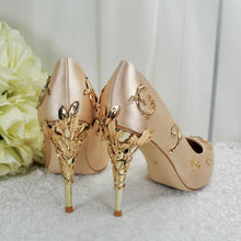 Load image into Gallery viewer, Champagne Satin Bridal Shoes: Gold Filigree Vine Wedding Heels