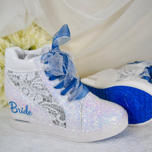 Load image into Gallery viewer, White Glitter Wedge Sneakers Trainers, Blue Bride Comfortable Alternative Wedding Shoes- Size UK3/US6