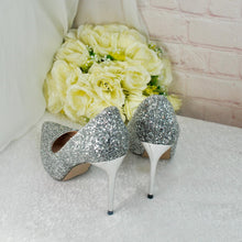 Load image into Gallery viewer, Handmade Silver Glitter Heels: Satin Stiletto Bridal Shoes (UK6 / US8.5)