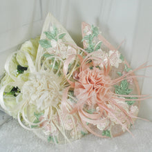 Load image into Gallery viewer, Ivory & Pink Fascinator Hat and Clutch Bag Set: Floral Embroidered Bridal Hatinator