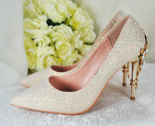 Load image into Gallery viewer, Champagne Gold Wedding Shoes - Handmade Satin Bridal Shimmer Pumps With Cherry Blossom Embellishment • Size UK3/US5.5