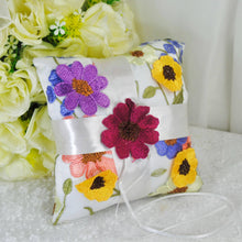 Load image into Gallery viewer, SD Floral Embroidered Wedding Ring Pillow: Satin Ribbon Keepsake