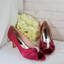 Load image into Gallery viewer, Burgendy Satin Peep Toe Kitten Heel Pumps: Bridal Shoes UK7