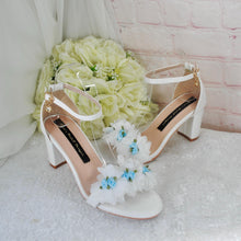 Load image into Gallery viewer, Block Heel Bridal White Sandals with Something Blue Floral Rose Details • UK5/US7.5