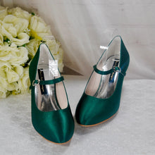Load image into Gallery viewer, Emerald Green Satin Bridal Shoes: Handmade Block Heel Mary Janes UK5/US7.5
