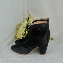 Load image into Gallery viewer, Black Satin Ankle Boots – Handmade Lace Block Heel Vintage Wedding Shoes UK4/US6.5