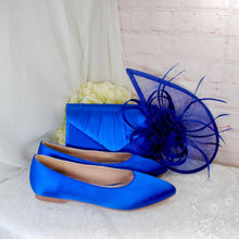 Load image into Gallery viewer, Royal Blue Satin Flats, Clutch & Fascinator Set: Handmade Wedding Shoes Mother Bride Guest Outfit