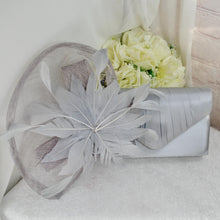 Load image into Gallery viewer, Silver Satin Bridal Set: Heels, Clutch Bag & Fascinator