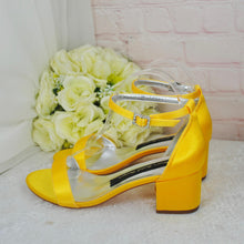 Load image into Gallery viewer, Yellow Block Heel Sandals: Satin Bridal Bridesmaid Shoes