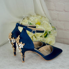Load image into Gallery viewer, Handmade Navy Satin Bridal Shoes: Cherry Blossom Heel (UK6/US8.5)
