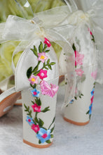 Load image into Gallery viewer, Ivory Satin Bridal Sandals: Floral Embroidery, Block Heel - UK6/US8.5