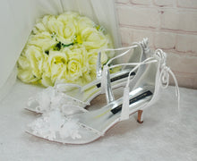 Load image into Gallery viewer, Butterfly Bridal Sandals – White Wedding Shoes with Hand Embroidery & Silk Heels • UK6/US8.5