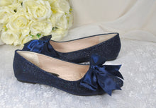 Load image into Gallery viewer, Navy Blue Bridal Flats – Handmade Comfortable Satin Flats with Oversized Satin Bow UK9/US11