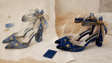 Load image into Gallery viewer, Blue Celestial Wedding Shoes – Galaxy Block Heels with Ankle Ribbons