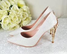 Load image into Gallery viewer, Satin Bridal Heels: Ivory Glitter with Cherry Blossom Accent UK5 / US7.5