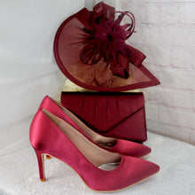 Load image into Gallery viewer, Burgundy Fascinator and Clutch Bag Set: Handmade Satin Wedding Accessory