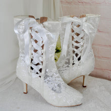 Load image into Gallery viewer, Ivory Lace Bridal Boots – Wedding Boots With Satin Ribbon Tie UK4 / US7.5