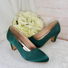 Load image into Gallery viewer, Green Satin Bridal Shoes - Emerald Block Heel Court Shoes, Comfortable Cushioned Insoles UK7/US9.
